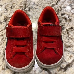 Gently used red suede baby puma sneakers size 3C